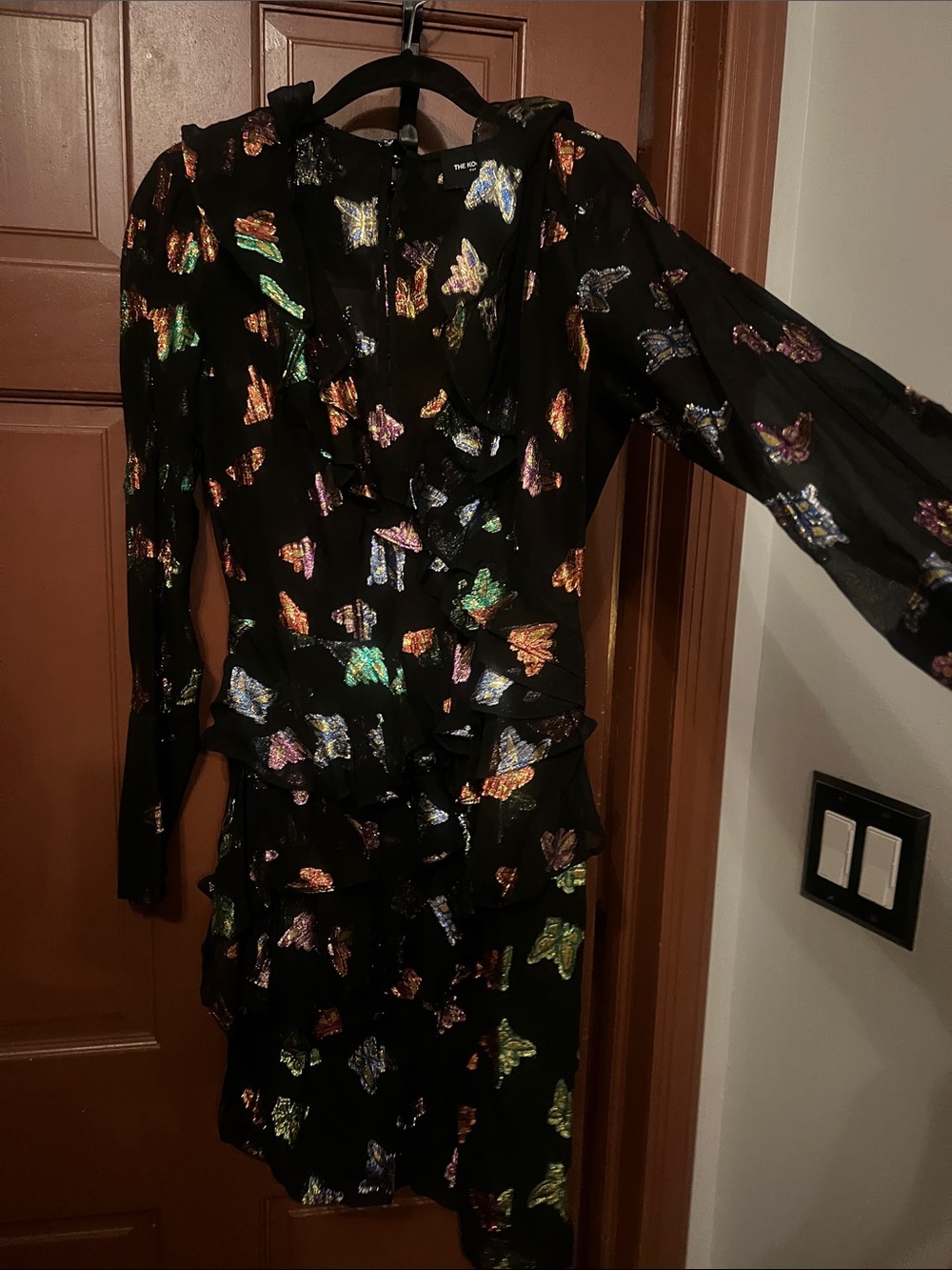 The Kooples Silk Black Long-Sleeve Ruffle Dress with Iridescent Butterfly Print